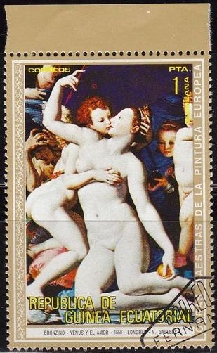 z vendido Guinea Ecuatorial 1973 Michel 267 Sello Pintura Bronzino Venus y el Amor Mujeres Desnudas Matasello de favor Preobliterado 